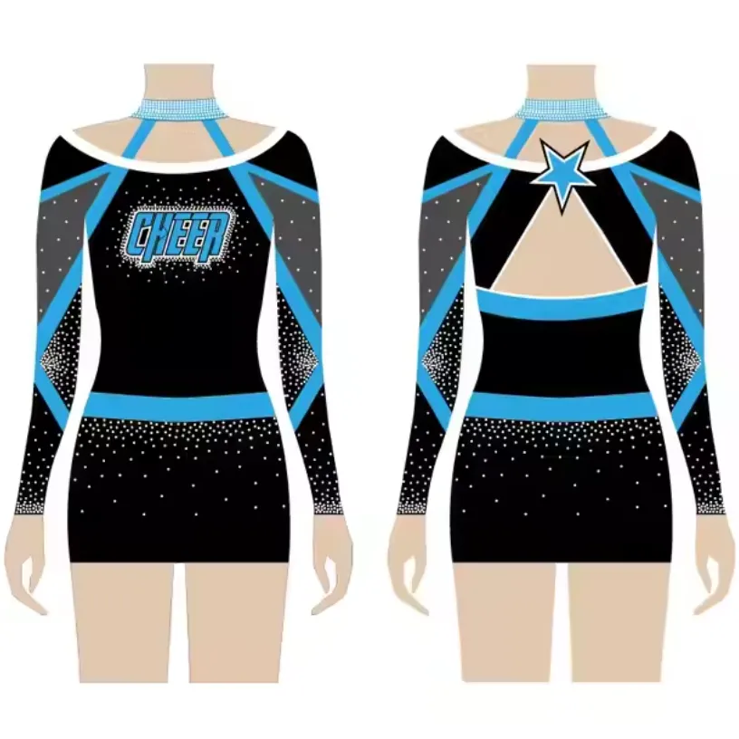 Long Sleeve Cheerleading Uniform Dance Skirt Sublimation Spandex Multicolor Cheerleader Uniform Customized girls Cheerleading Costumes